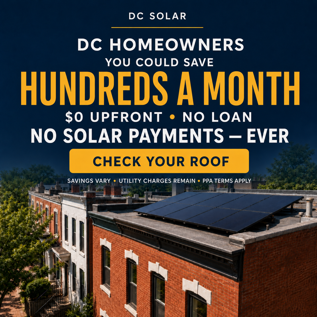 DC Solar ad offering potential monthly savings with no solar payments